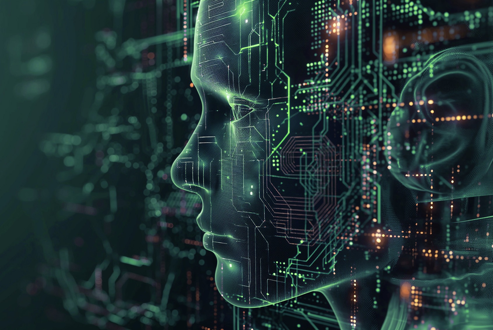Das Profil eines humanoiden Gesichts aus leuchtend grünen digitalen Schaltkreisen, Datenbahnen und Codezeilen – symbolisch für künstliche Intelligenz und Mustererkennung durch groove2grow.