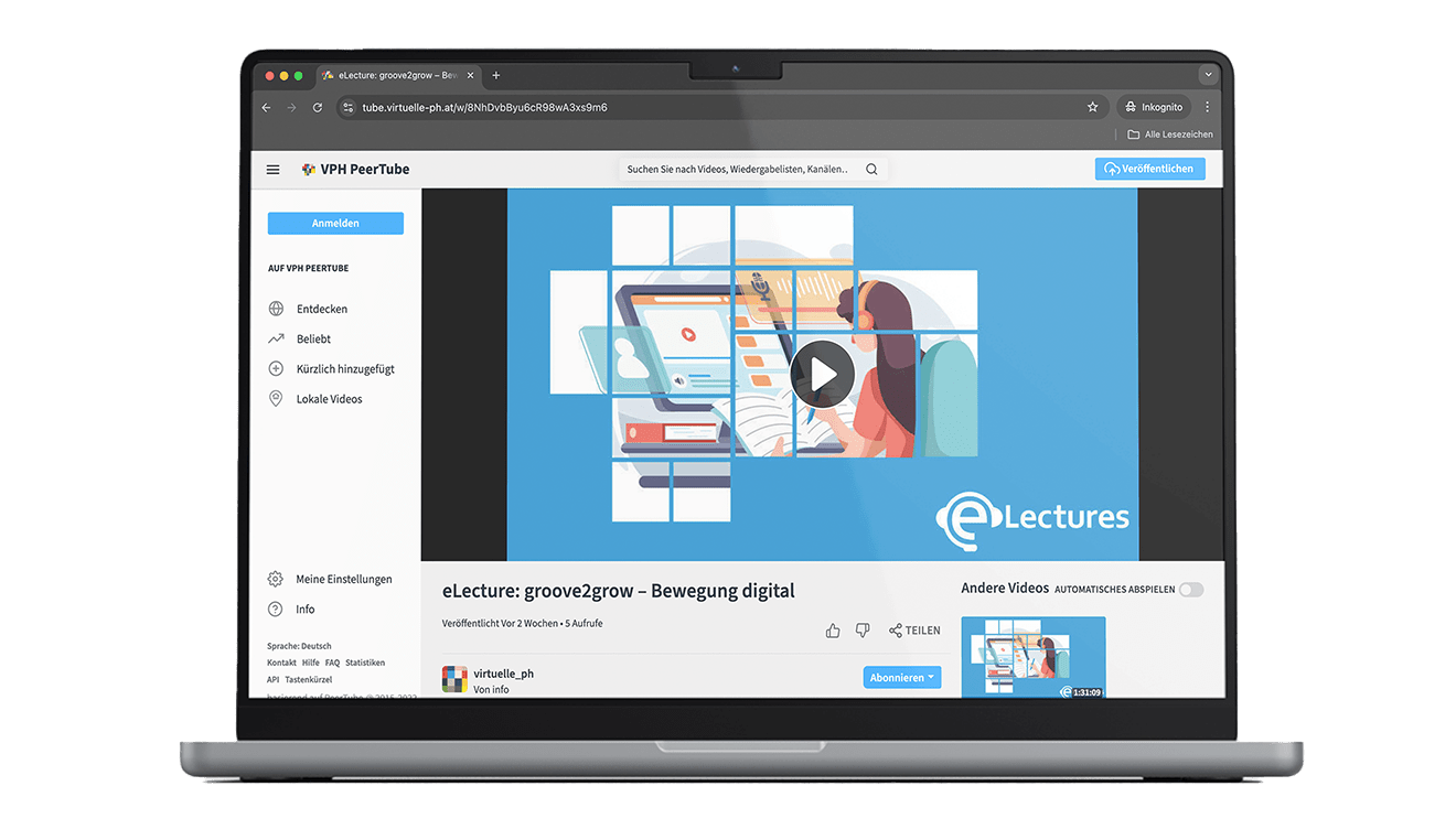 Ein Laptop zeigt eine kostenlose Online-Lecture (e-Lecture) zur Einführung in die groove2grow-Plattform auf VPH PeerTube.